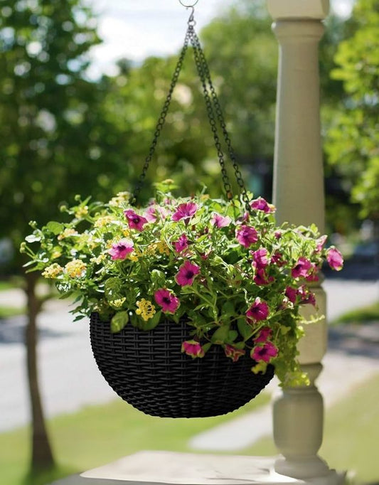A hanging black plant container basket with pink and yellow flowers, attached to a chain.