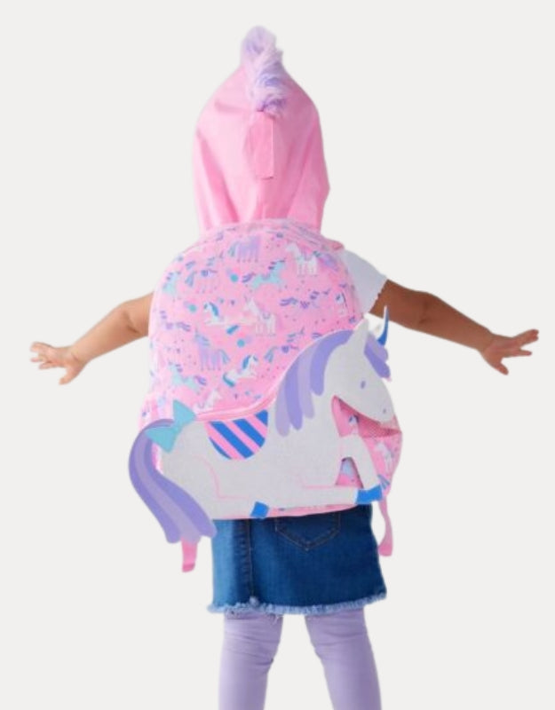 Child wearing Smiggle 15" pink unicorn hoodie backpack with 3D unicorn design
