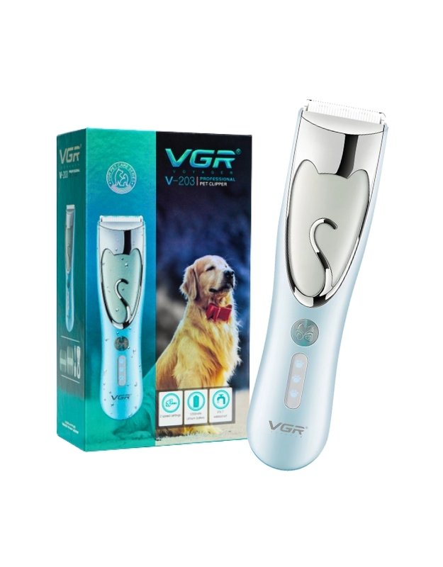 VGR V-203 Professional Hair Clipper for pets, displayed next to its packaging which features an image of a dog. The clipper is primarily white with a blue accent and has a sleek design.