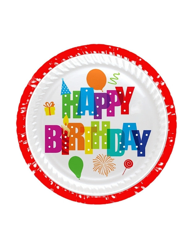 A round paper plate with a 'Happy Birthday' text and colorful decorations on it, with a red border.