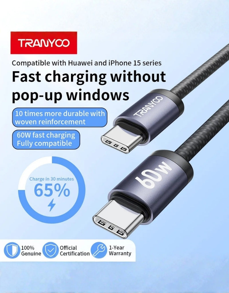𝗧𝗿𝗮𝗻𝘆𝗼𝗼 60W Type-c To Type-c Cable T-P21