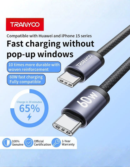 𝗧𝗿𝗮𝗻𝘆𝗼𝗼 60W Type-c To Type-c Cable T-P21
