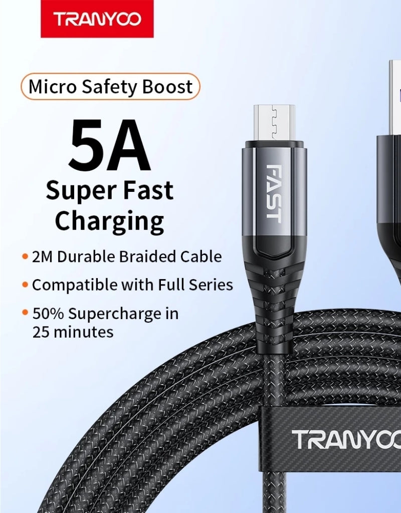 𝗧𝗿𝗮𝗻𝘆𝗼𝗼 Metal Braided Cable USB To Micro Fast Charging 5A T-S16 V