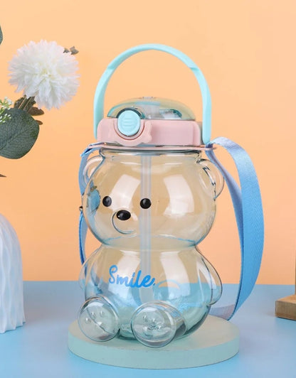 1000ml Bear Kawaii Water Bottle with Straw and Strap