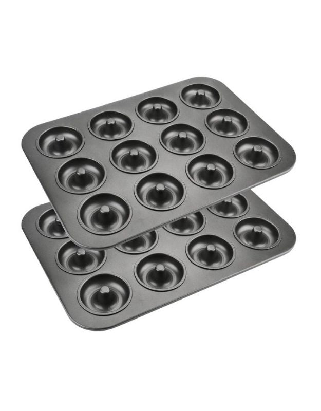 Two gray donut-shaped baking pans on a white background. nonstick mini donut baking trays with 12 cavities each, perfect for homemade donuts.