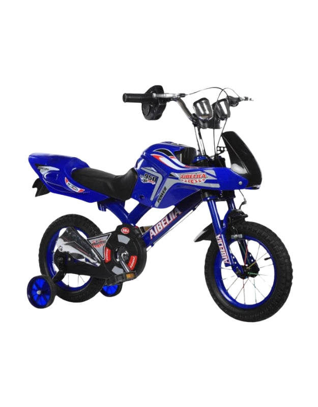 12 inch blue motorcross style children's bicycle with training wheels motorcycle design