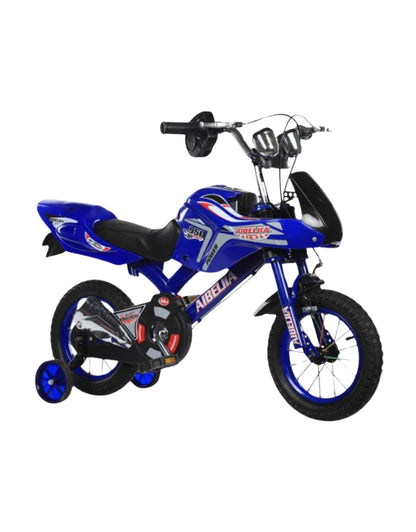 12 inch blue motorcross style children's bicycle with training wheels motorcycle design