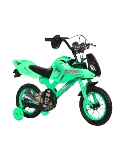 12 inch green motorcross style kids bicycle with training wheels and sporty motorcycle design