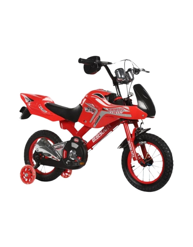 12 inch red motorcross style kids bicycle with training wheels and motorcycle design