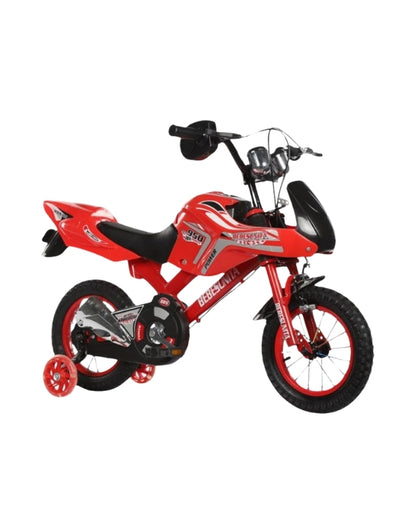 12 inch red motorcross style kids bicycle with training wheels and motorcycle design