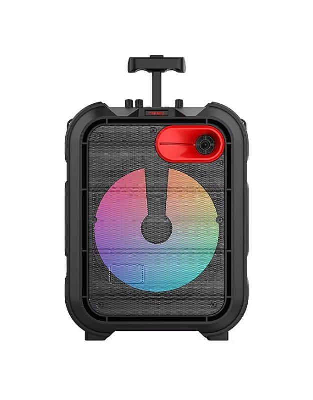 A black portable wireless trolley speaker with a colorful LED light on the front and a handle on top.