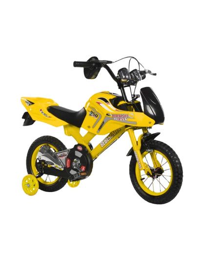 12 inch yellow motorcross style children's bicycle with training wheels motorcycle design