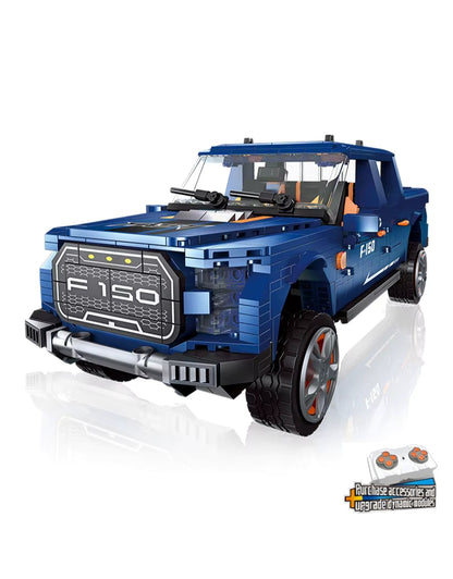 Jie Star F150 pickup truck building blocks set, 1293PCS blue off-road model