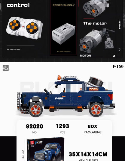 Jie Star 92020 F150 pickup truck building toy showing parts count and packaging size