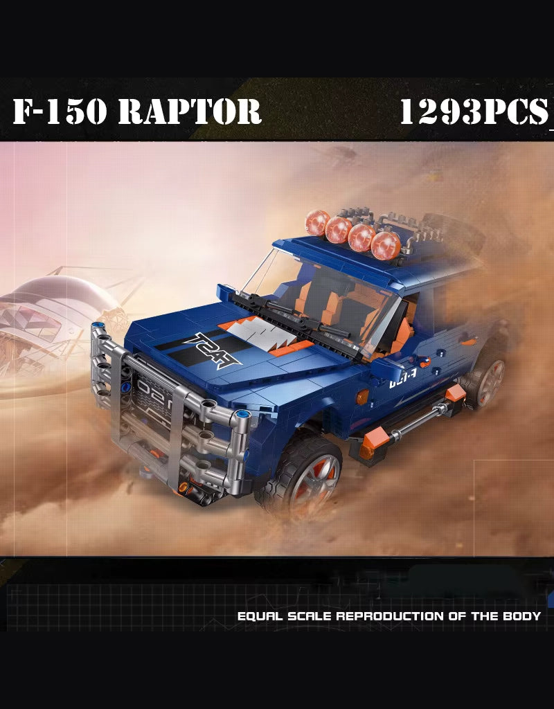 F150 Raptor 1293PCS off-road building blocks model driving through desert scene