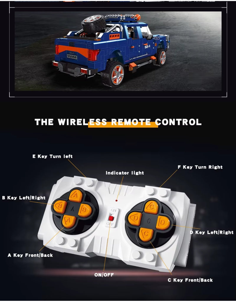 Wireless remote control with labeled functions for F150 building block truck
