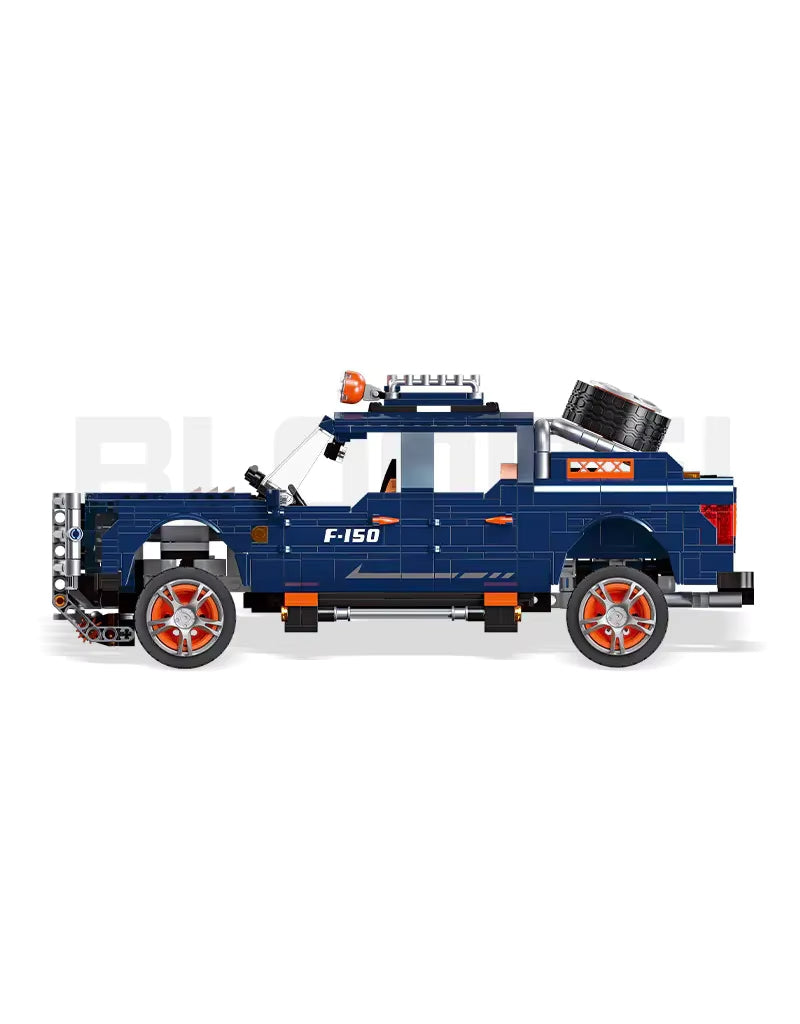 Full side view of Jie Star F150 pickup truck model made from 1293 building blocks