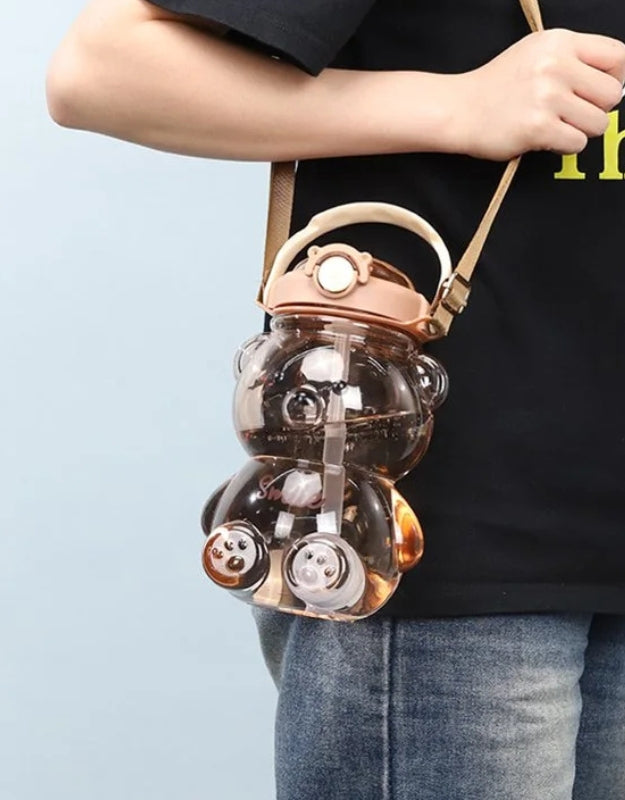 1000ml Bear Kawaii Water Bottle with Straw and Strap