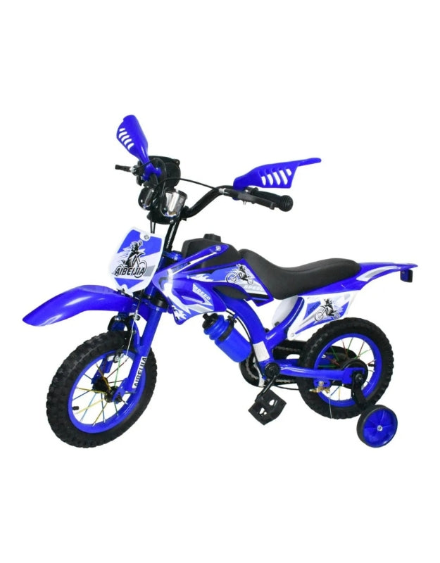 Blue 12-inch motorcycle-inspired children's bicycle with training wheels and mounted water bottle