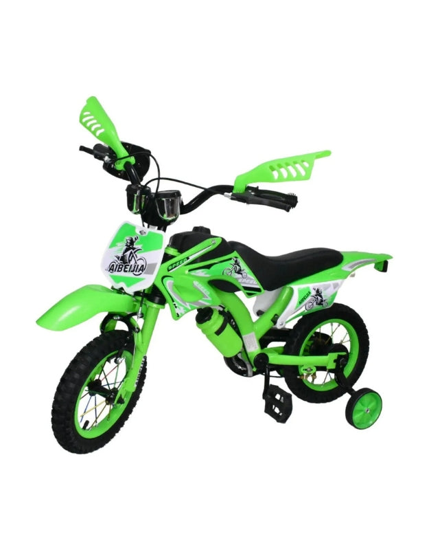 Green 12-inch children's motorcycle-style bicycle with training wheels, water bottle, and sporty design