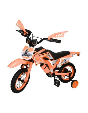 Orange 12-inch moto-style children's bicycle with training wheels, water bottle, and sporty design.