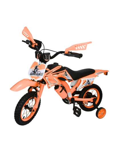 Orange 12-inch moto-style children's bicycle with training wheels, water bottle, and sporty design.