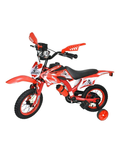 Red 12-inch motorcycle-style kids' bike with four wheels, side water bottle, and sporty frame.