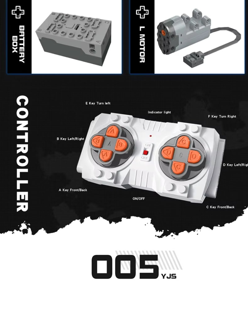 Remote control, battery box, and motor components for GT500 racing car building set