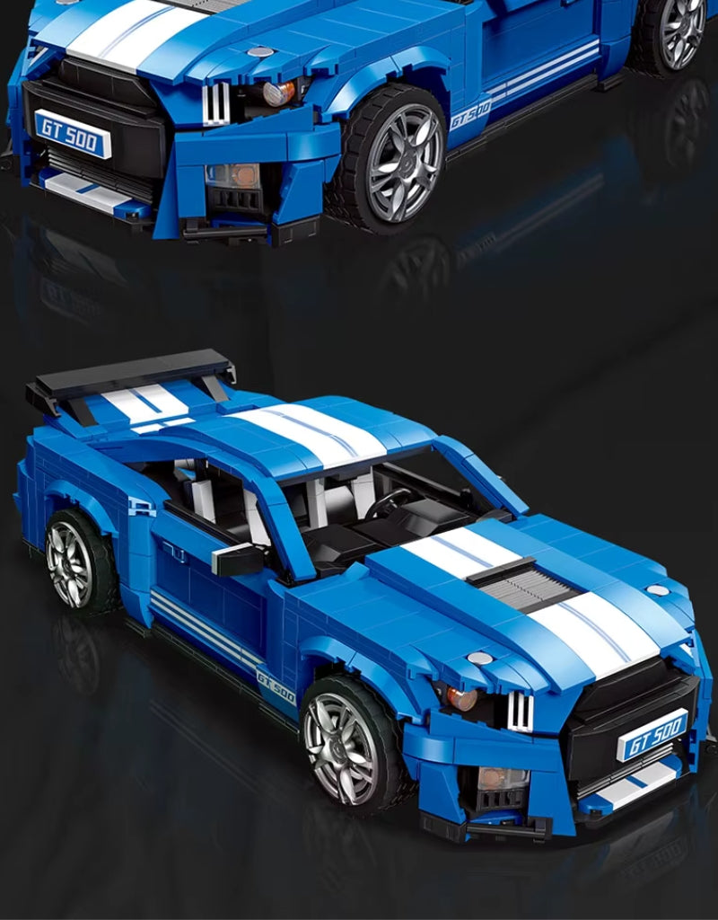 Close-up angles of GT500 blue racing car building toy showing front and top views