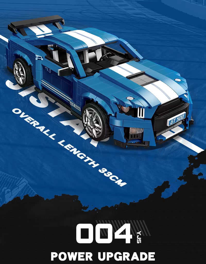 GT500 blue super racing car building block with power upgrade and length measurement