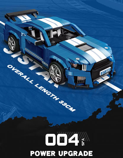 GT500 blue super racing car building block with power upgrade and length measurement