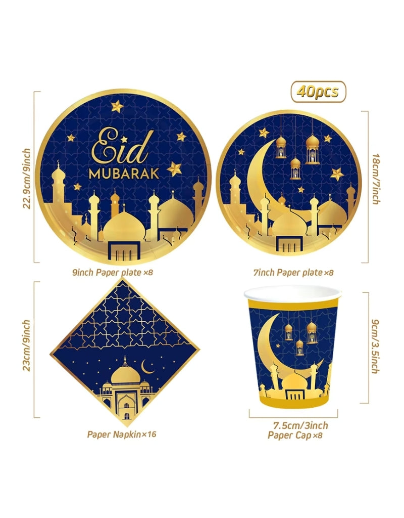 40-Piece Eid Mubarak Paper Tableware Set