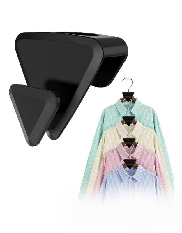 The image shows a set of black triangular hanger hooks along with a visual representation of how they can be used to hang clothes, creating additional storage space.