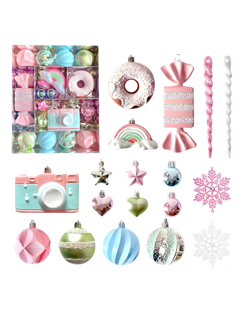 58PCS Christmas Ball Decoration Set Macaroon Shiny Snowflake Christmas Painted Balls