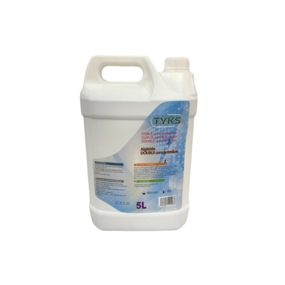 TYKS Algicide 5L back label – double concentration algae remover and preventive treatment for pools.
