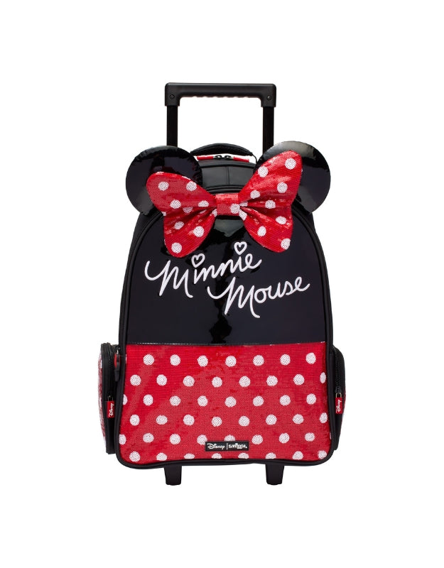 Front view of Smiggle Minnie Mouse trolley backpack with sequined red bow and polka-dot design.