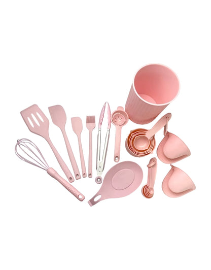 21 Pieces Silicone Kitchenware Utensil Set Pink Black & Grey