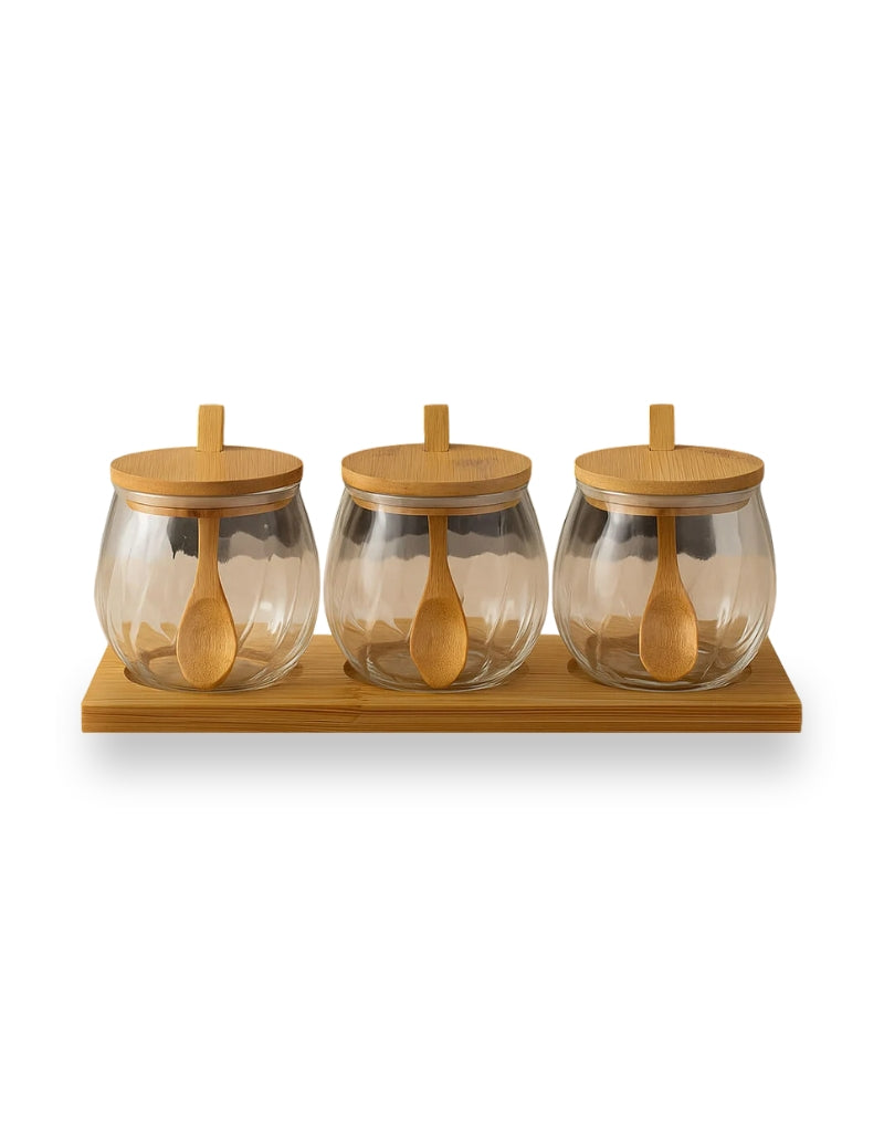 Set of 3 Round Glass and Bamboo Spice Jars