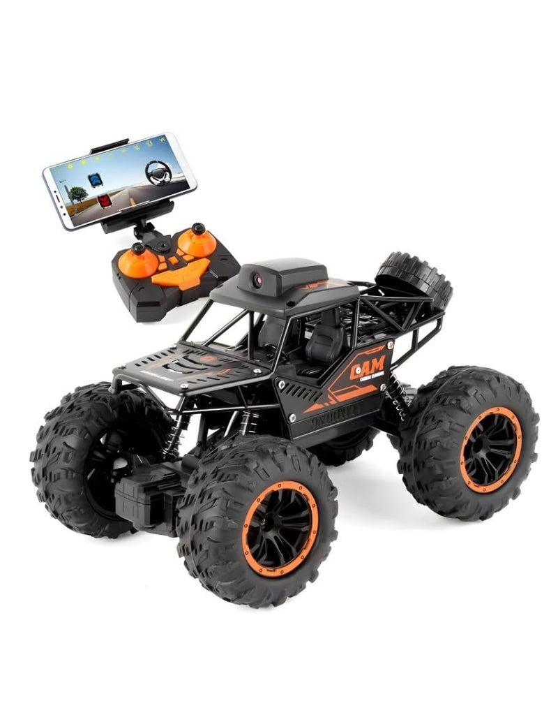 2.4G Long Range Remote Control Off-Road Truck black model with mounted camera and smartphone controller