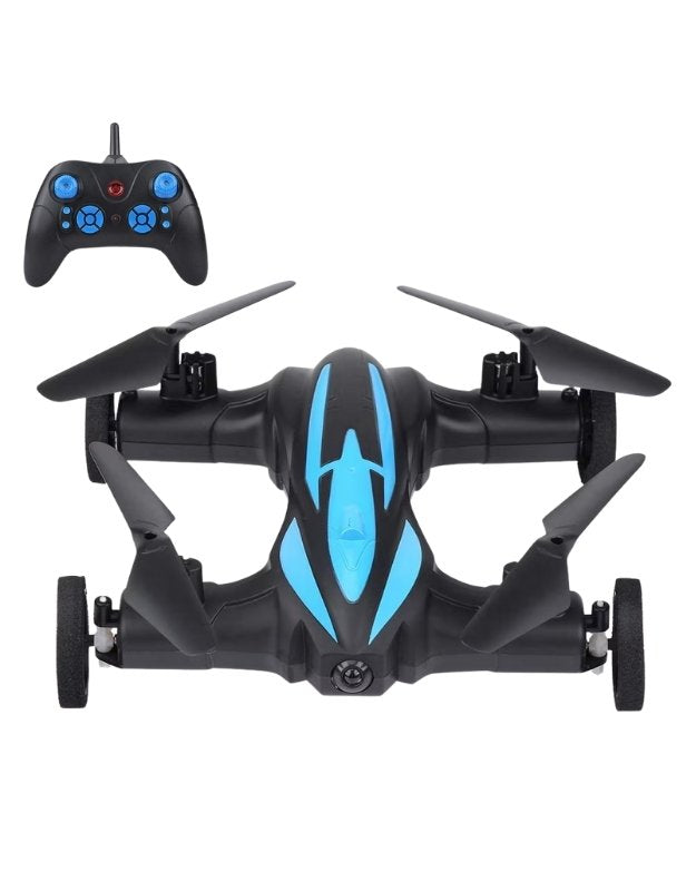 A black and blue remote control car drone with four propellers and a control remote.