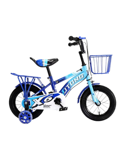 Blue 2025 children's bicycle with training wheels, aluminum fork, rear carrier, and front basket