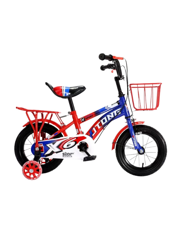 Red and blue 2025 children's bicycle with training wheels, aluminum fork, rear carrier, and front basket.
