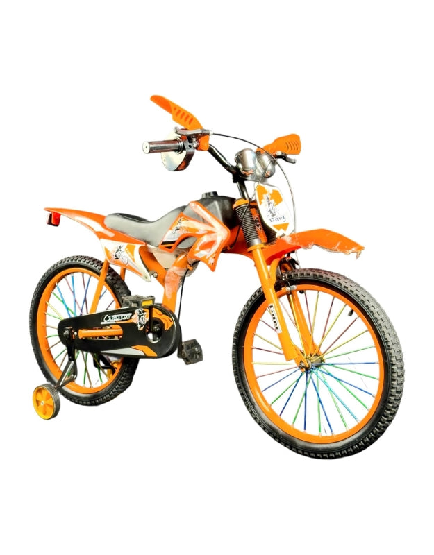 20 inch children's motorcross style bicycle with training wheels, motorcycle sound feature, orange frame and sporty design.