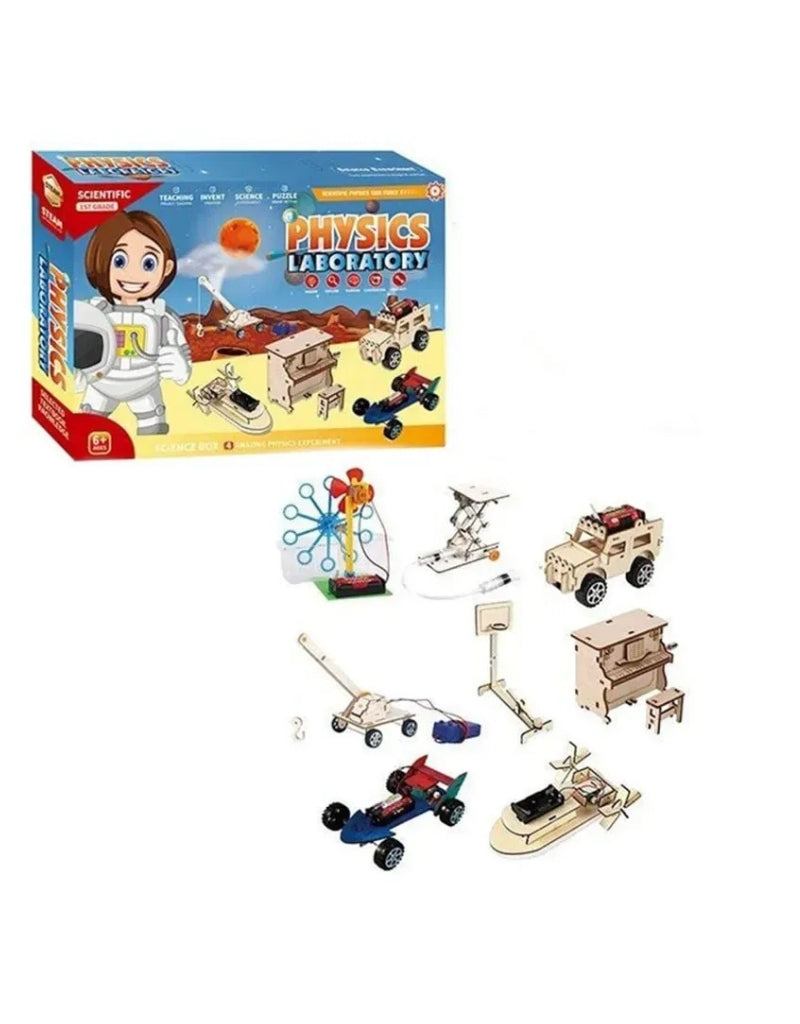 Electromechanical wooden construction set with 8 models
