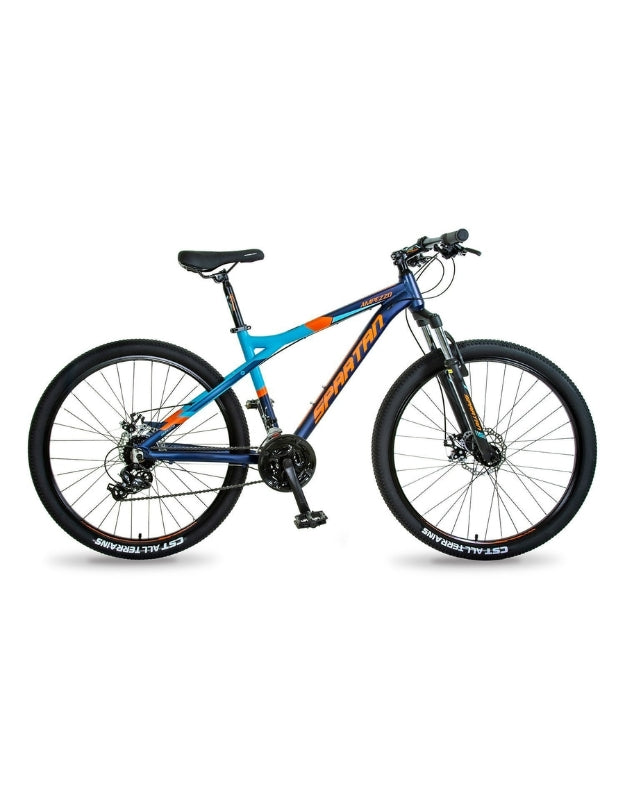 Close-up of the front wheel and handlebars of the blue Spartan mountain bike