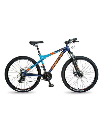 Close-up of the front wheel and handlebars of the blue Spartan mountain bike