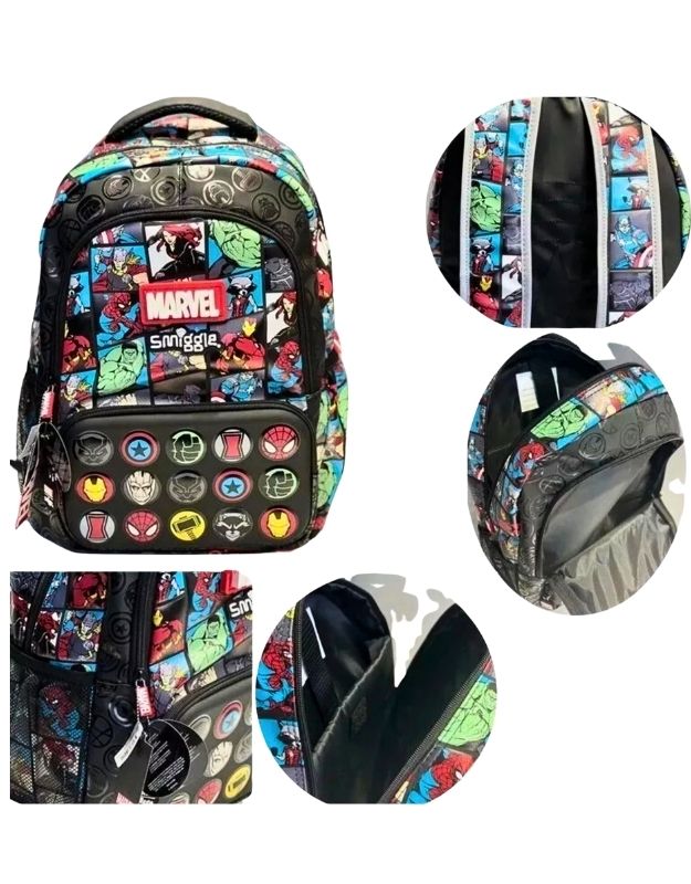 Smiggle Marvel 15-inch superhero school backpack multi-angle view showing compartments and details.