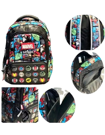 Smiggle Marvel 15-inch superhero school backpack multi-angle view showing compartments and details.