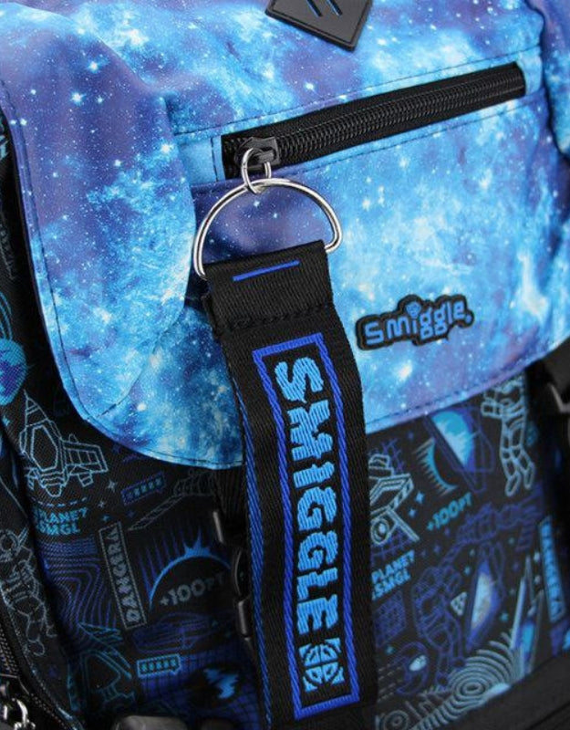Close-up of the Smiggle blue space backpack and danger keychain.