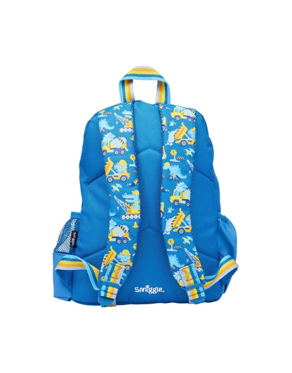 Back view of the Smiggle Big Dreams Junior Character Backpack showing padded straps with construction vehicle pattern.